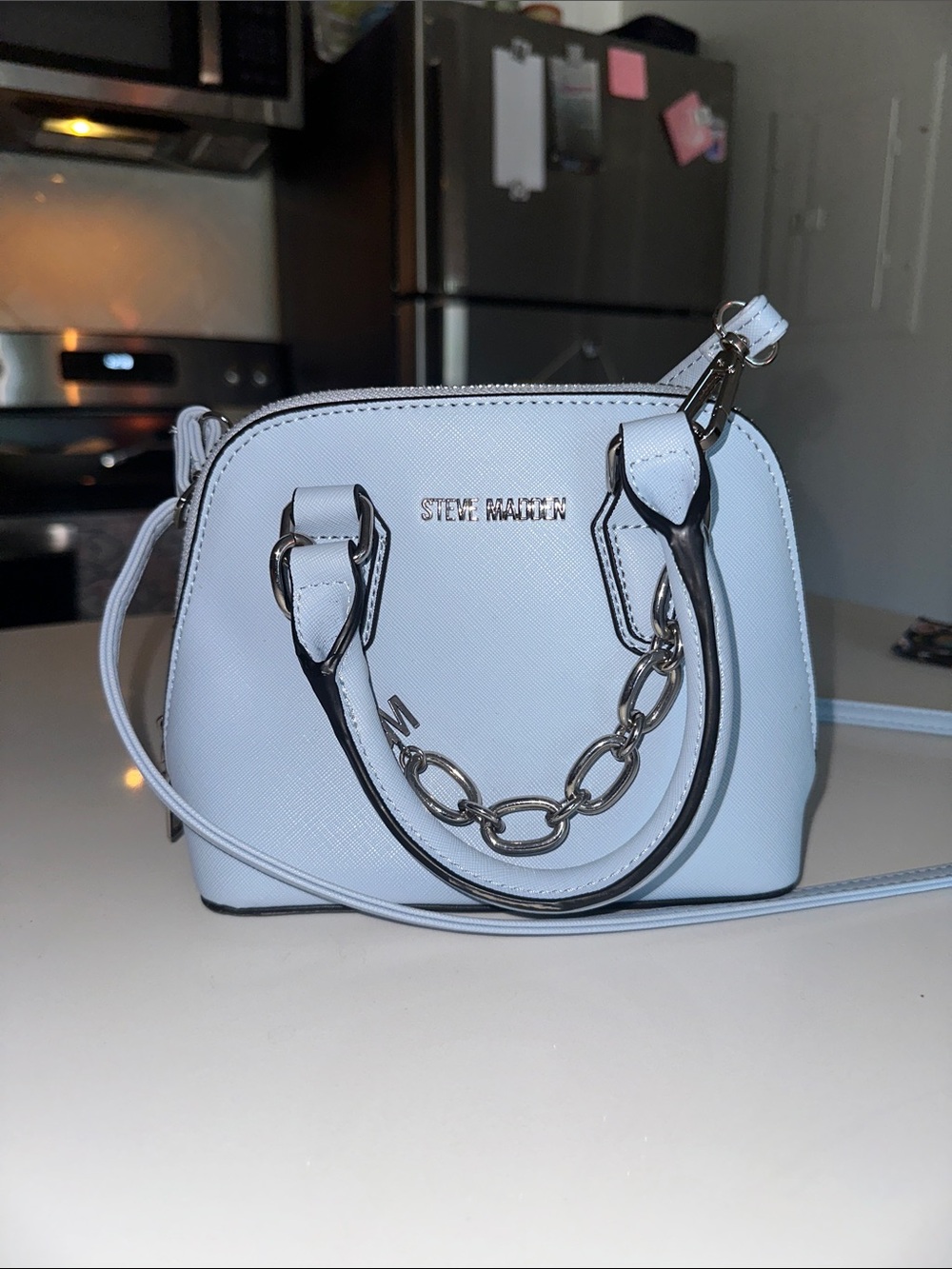 Steve Madden Pale Blue Mini Dome Satchel with Chain Accent